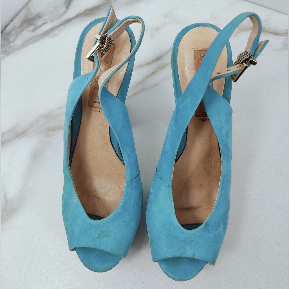 Schutz Turquoise Leather Textile Y2K Style Chunky Platform Peep Toe Heels, 7 - Picture 6 of 15